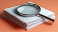On a stack of white papers, a magnifying glass is placed, signifying that the documents are being carefully scrutinized or Royalty Free Stock Photo