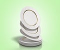 A stack of white plates with a gold strip 3d render on a color b