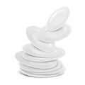 A stack of white round porcelain clean flat food plates flying up.