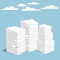 Stack of white sheets and paper in blue office background with clouds on blue sky