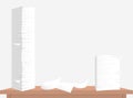 Stack of white sheets and paper on brown table top. Royalty Free Stock Photo