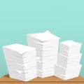 Stack of white sheets and paper in office on brown table top. Royalty Free Stock Photo