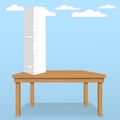 Stack of white sheets and paper in office on brown table top with clouds on blue sky. Royalty Free Stock Photo