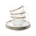 A stack of white teacups and saucers with floral designs on transparent background Royalty Free Stock Photo