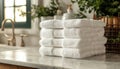 A stack of white towels on a counter by AI generated image Royalty Free Stock Photo
