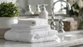 A stack of white towels on a counter by AI generated image Royalty Free Stock Photo