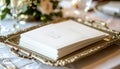 Stack of white wedding programs with embossed logo on gold tray Royalty Free Stock Photo
