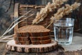 Stack of Whole Grain Bread with Seeds on Rustic Wooden Table beside a Clear Glass of Water Royalty Free Stock Photo