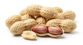 Stack of whole peanuts in shells and one open shell revealing two red skinned kernels and a single shelled nut Royalty Free Stock Photo