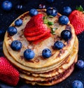 Stack of wholemeal pancakes with fresh fruits Royalty Free Stock Photo
