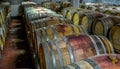 A stack of wine barrels at a vineyard Royalty Free Stock Photo