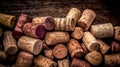 A stack of wine corks in a rustic setting. Generative ai Royalty Free Stock Photo