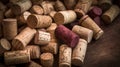 A stack of wine corks on a rustic wooden tabletop. Generative ai Royalty Free Stock Photo