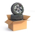 Stack of winter tires in the cardboard box