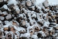 Stack of wood cut with snow Royalty Free Stock Photo