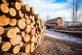 stack of wood logs in lumber mill Royalty Free Stock Photo