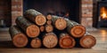 A stack of wood logs sits on a wooden table next to a fireplace. Royalty Free Stock Photo