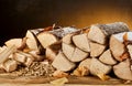 Stack of wood logs sitting on top of table