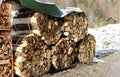 Stack of wood in winter time in an alpine setting. Royalty Free Stock Photo