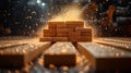 A stack of wooden blocks with golden dust exploding around it