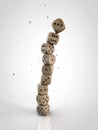 Stack of wooden dice on a white background. Focus on top side