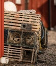 stack of wooden fishing traps with netting.. Royalty Free Stock Photo