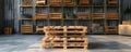 Stack of wooden pallets in a warehouse with shelves in the background, storage and logistics concept Royalty Free Stock Photo