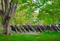 Stack of picnic tables in the camp ground