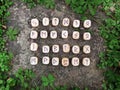 A stack of wooden runes at forest. Wooden runes lie on a rock background in the green grass. Runes are cut from wooden