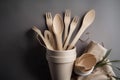 A stack of wooden spoons with forks and forks on them Plastic Free July AI generation Royalty Free Stock Photo