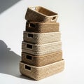 Stack of woven baskets with handles for storage and organization Royalty Free Stock Photo