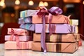 stack of wrapped gift boxes with clearance sale tags Royalty Free Stock Photo