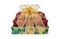 Stack of wrapped gift boxes with ribbon and bow