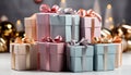 A stack of wrapped gift boxes, shiny and colorful generated by AI