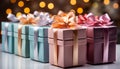 A stack of wrapped gift boxes, shiny and colorful generated by AI