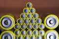 Stack of yellow AA batteries close up abstract color background Royalty Free Stock Photo