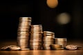 Stack of yellow coins, background with copies, black background