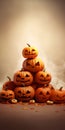 Stack of yellow Halloween pumpkins over autumn background with smoke. Spooky pumpkins with evil faces, Halloween background.