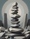 Stack of Zen Stones Against a Backdrop of Mist Enveloped Stones, Generative AI