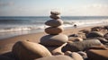 Stack zen stones on pebble beach. Generative AI Royalty Free Stock Photo