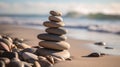 Stack zen stones on pebble beach. Generative AI Royalty Free Stock Photo