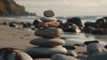 Stack zen stones on pebble beach. Generative AI Royalty Free Stock Photo