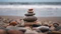 Stack zen stones on pebble beach. Generative AI Royalty Free Stock Photo