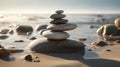 Stack zen stones on pebble beach. Generative AI Royalty Free Stock Photo