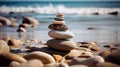 Stack zen stones on pebble beach. Generative AI Royalty Free Stock Photo