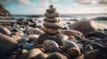 Stack zen stones on pebble beach. Generative AI Royalty Free Stock Photo