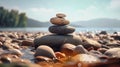 Stack zen stones on pebble beach. Generative AI Royalty Free Stock Photo