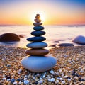 Stack of zen stones on pebble beach at Royalty Free Stock Photo