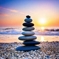 Stack of zen stones on pebble beach at Royalty Free Stock Photo