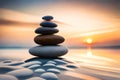 Stack Of Zen Stones On Pebble Beach At Sunset. Post-Processed. Generative AI Royalty Free Stock Photo